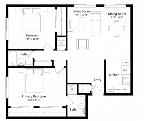 Floor plan for 2 beds, 2 baths, 941 sqft